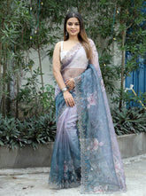 Fancy Handwork On Grey Blue Color Organza Special Saree